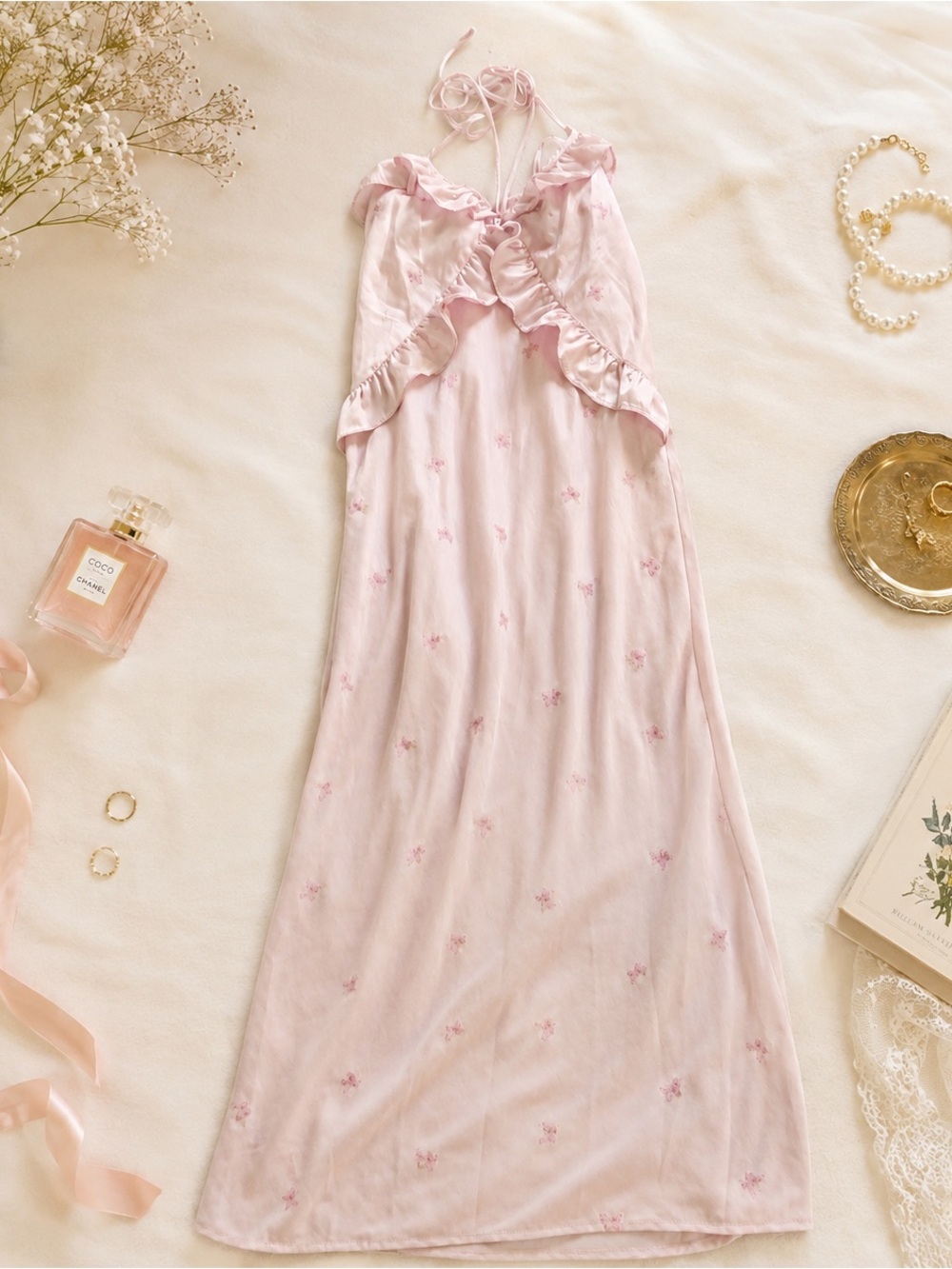 Pink Ruffle Halter Butterfly Embroidered Maxi Slip Dress